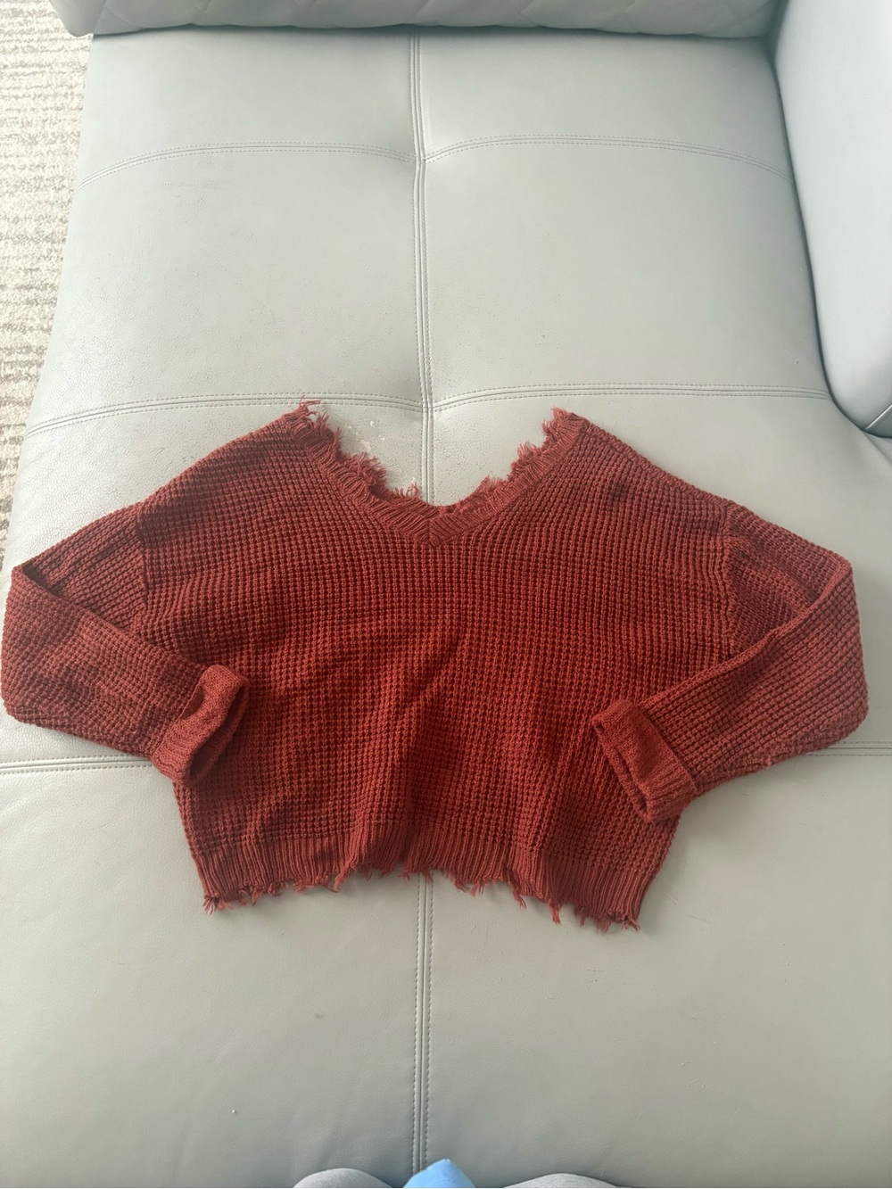 moon & madison Rust Distressed V‑Neck Cropped Sweater